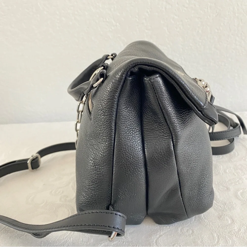 Black Leather Mini Backpack with Silver Details